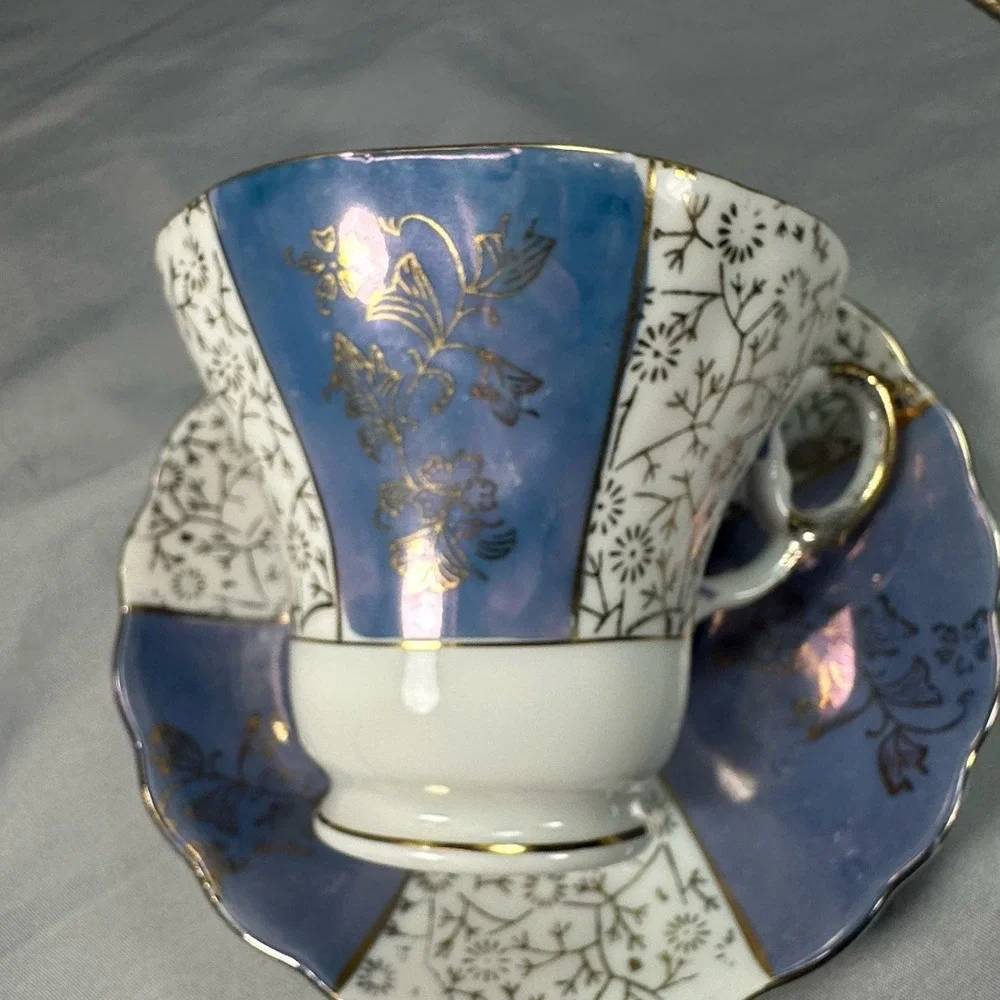 Vintage Lavender Lusterware Tea Cup Saucer Japan Gold Floral Iridescent 1950 Set